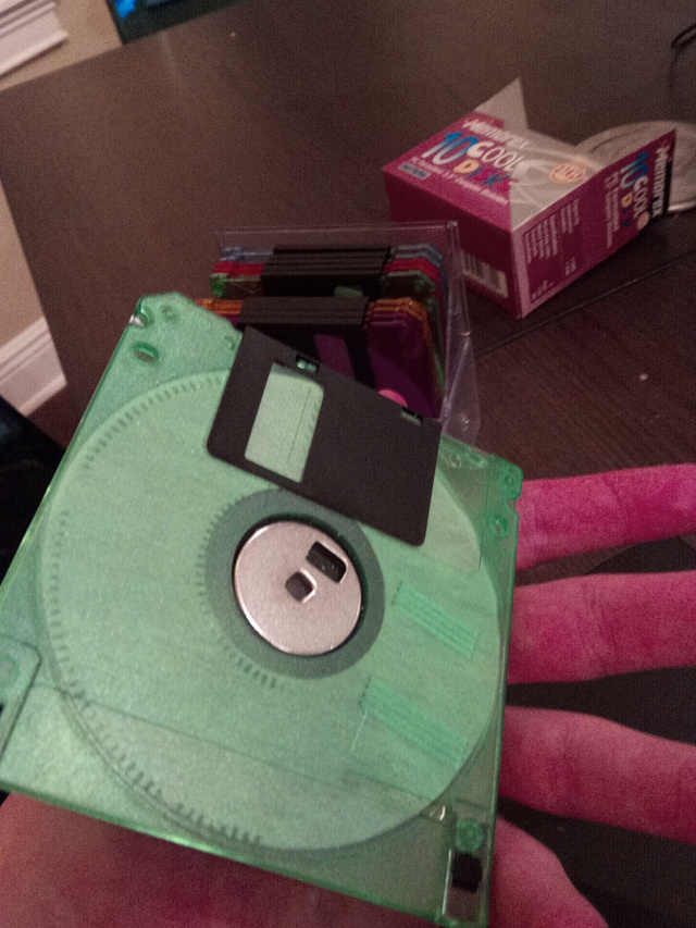 The back of a green floppy disk